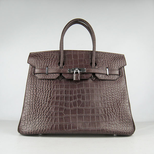 High Quality Fake Hermes Birkin 35CM Max Crocodile Veins Leather Handbag Brown 6089